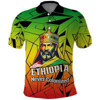 Menelik II Polo Shirt with Crowned Portrait, Ethiopia Never Colonized Text and Pan-African Abstract - Wonder Print Shop