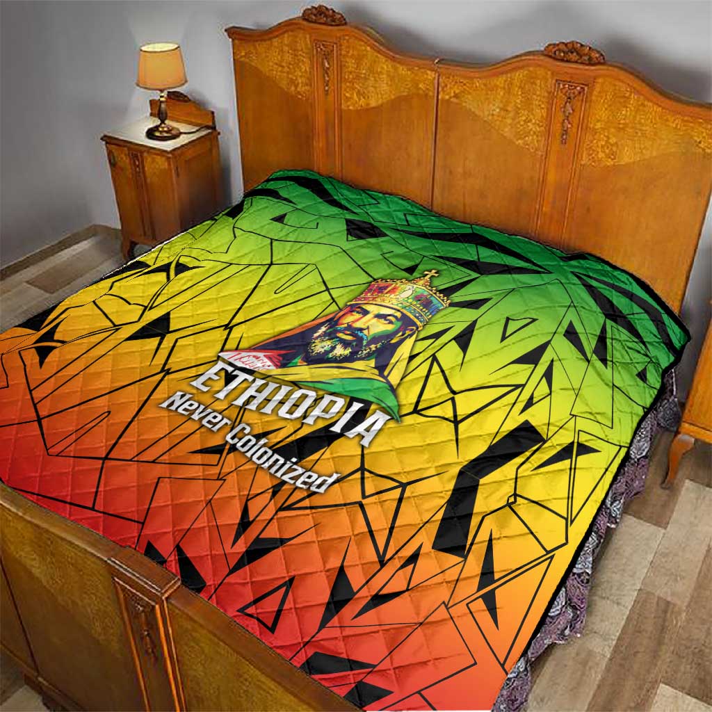 Menelik II Quilt with Crowned Portrait, Ethiopia Never Colonized Text and Pan-African Abstract - Wonder Print Shop