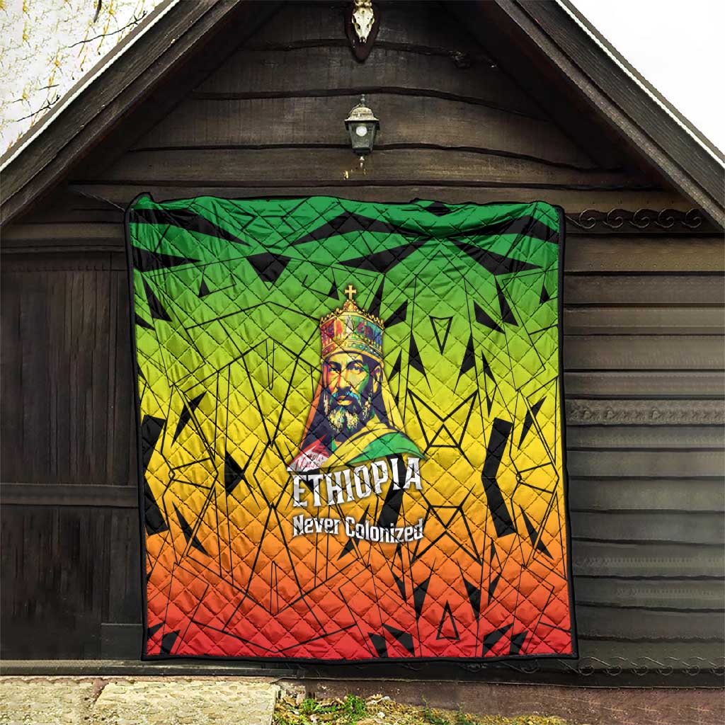Menelik II Quilt with Crowned Portrait, Ethiopia Never Colonized Text and Pan-African Abstract - Wonder Print Shop