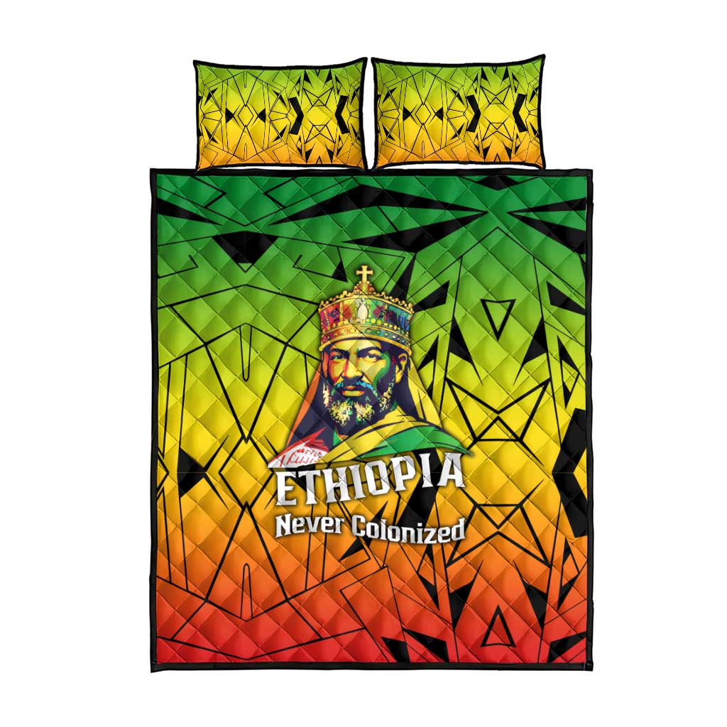 Menelik II Quilt Bed Set with Crowned Portrait, Ethiopia Never Colonized Text and Pan-African Abstract - Wonder Print Shop