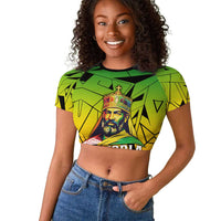 Menelik II Raglan Cropped T shirt with Crowned Portrait, Ethiopia Never Colonized Text and Pan-African Abstract - Wonder Print Shop