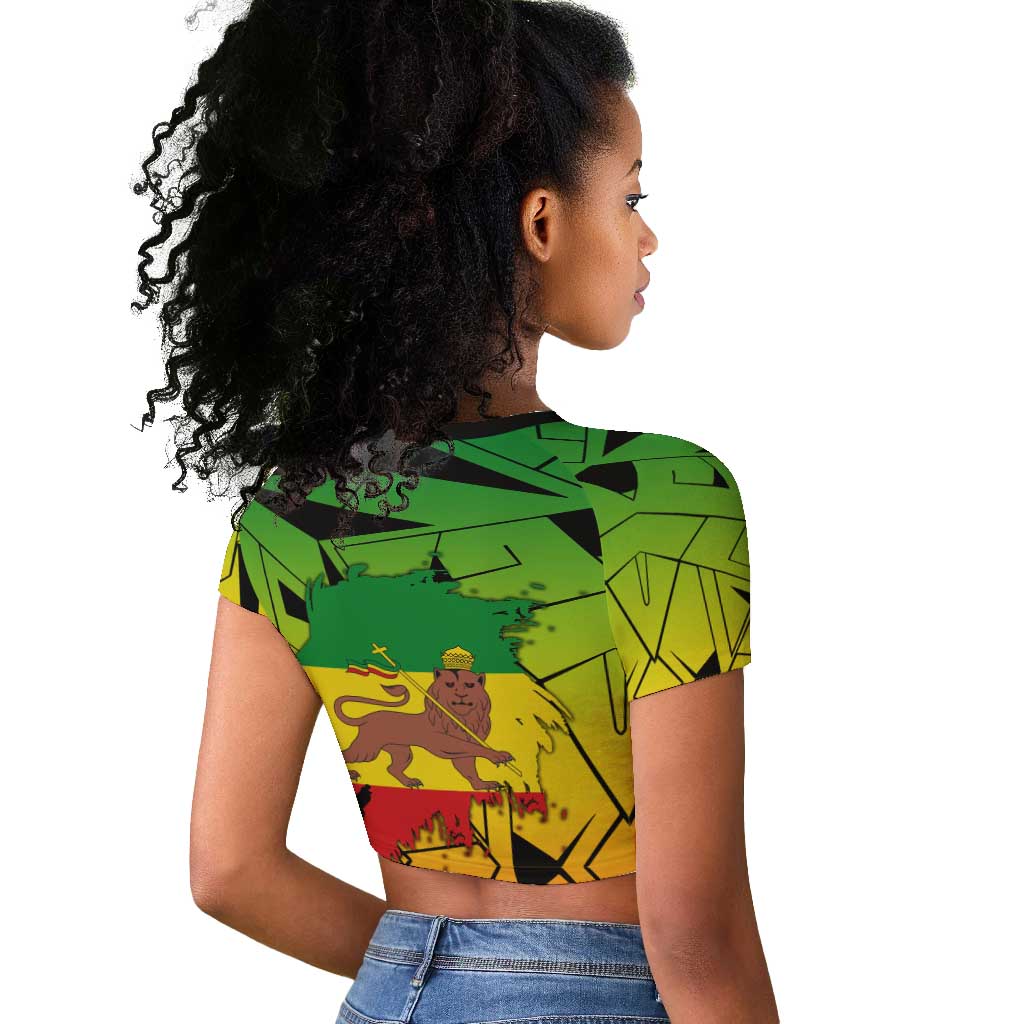 Menelik II Raglan Cropped T shirt with Crowned Portrait, Ethiopia Never Colonized Text and Pan-African Abstract - Wonder Print Shop