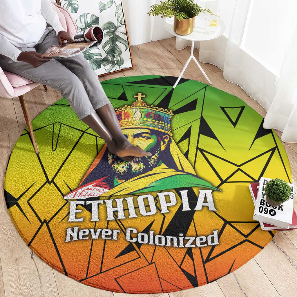 Menelik II Round Carpet with Crowned Portrait, Ethiopia Never Colonized Text and Pan-African Abstract - Wonder Print Shop