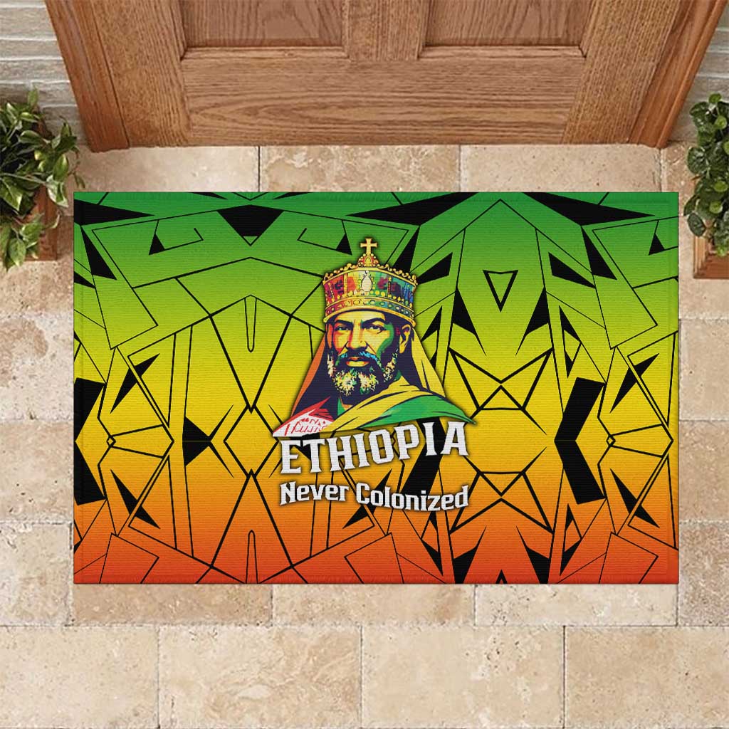 Menelik II Rubber Doormat with Crowned Portrait, Ethiopia Never Colonized Text and Pan-African Abstract - Wonder Print Shop
