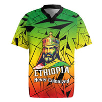 Menelik II Rugby Jersey with Crowned Portrait, Ethiopia Never Colonized Text and Pan-African Abstract - Wonder Print Shop