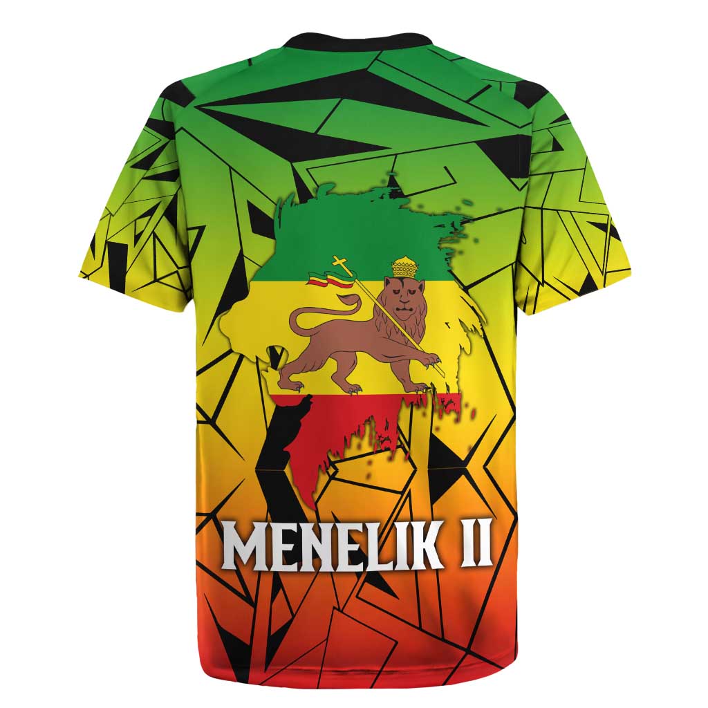 Menelik II Rugby Jersey with Crowned Portrait, Ethiopia Never Colonized Text and Pan-African Abstract - Wonder Print Shop
