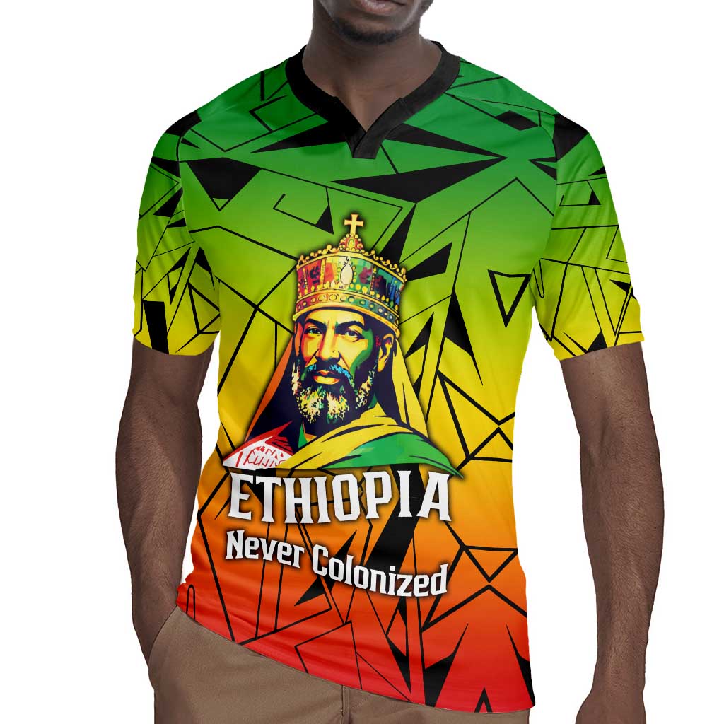 Menelik II Rugby Jersey with Crowned Portrait, Ethiopia Never Colonized Text and Pan-African Abstract - Wonder Print Shop