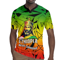Menelik II Rugby Jersey with Crowned Portrait, Ethiopia Never Colonized Text and Pan-African Abstract - Wonder Print Shop