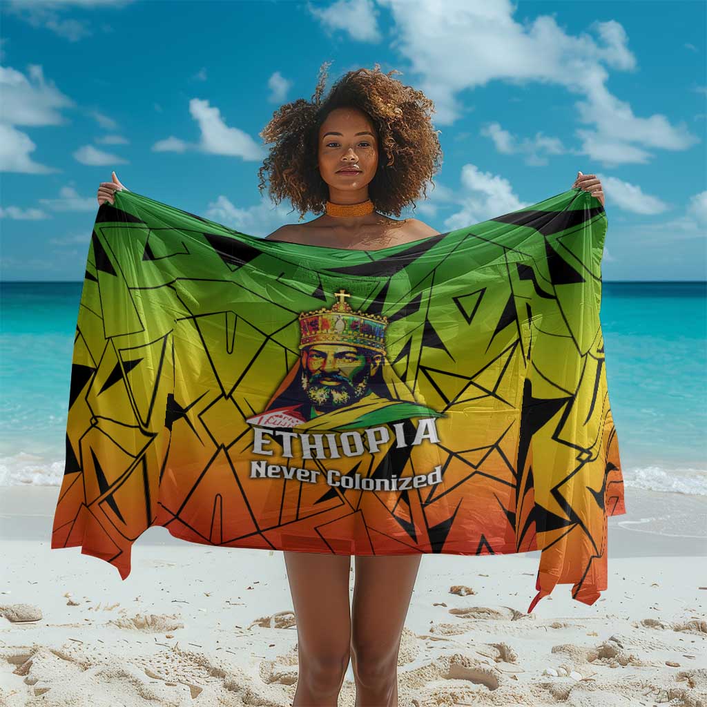 Menelik II Sarong with Crowned Portrait, Ethiopia Never Colonized Text and Pan-African Abstract - Wonder Print Shop
