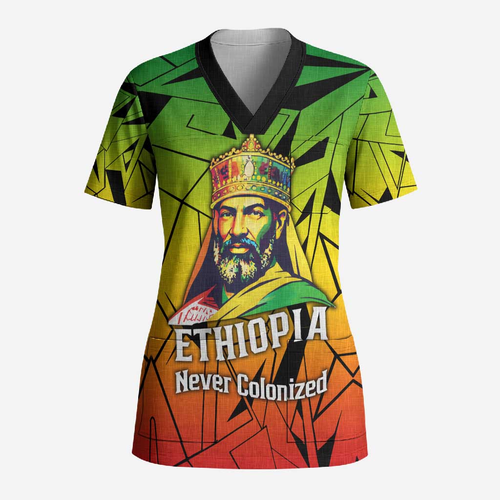 Menelik II Scrub Top with Crowned Portrait, Ethiopia Never Colonized Text and Pan-African Abstract - Wonder Print Shop