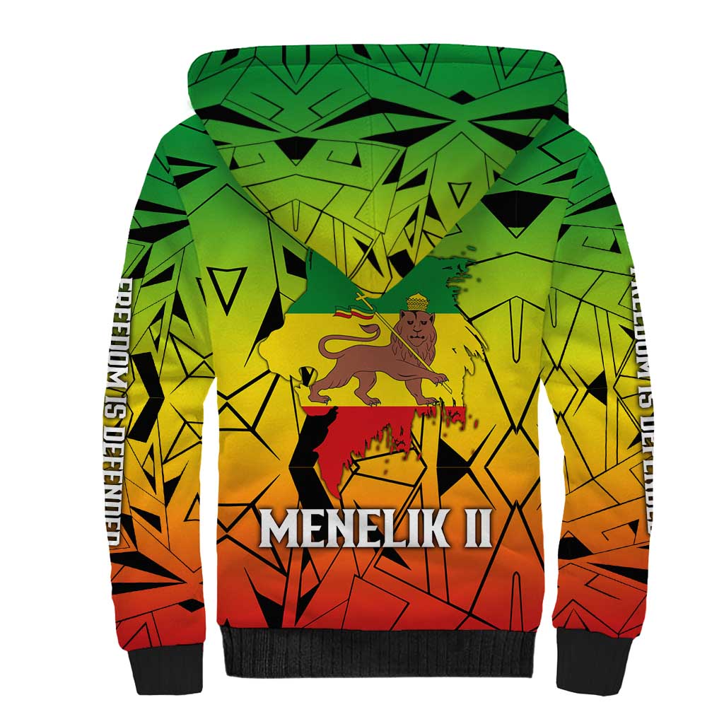 Menelik II Sherpa Hoodie with Crowned Portrait, Ethiopia Never Colonized Text and Pan-African Abstract - Wonder Print Shop