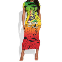Menelik II Short Sleeve Bodycon Dress with Crowned Portrait, Ethiopia Never Colonized Text and Pan-African Abstract - Wonder Print Shop