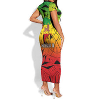 Menelik II Short Sleeve Bodycon Dress with Crowned Portrait, Ethiopia Never Colonized Text and Pan-African Abstract - Wonder Print Shop