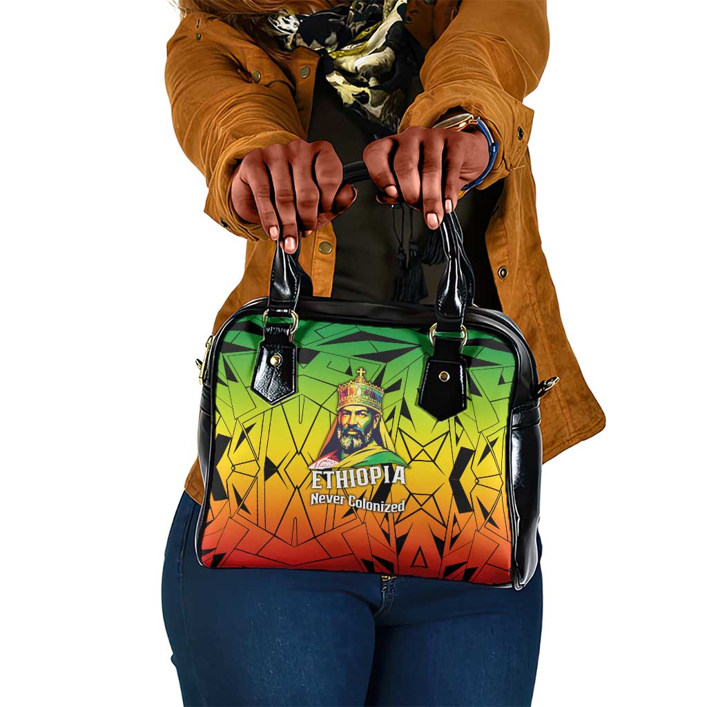 Menelik II Shoulder Handbag with Crowned Portrait, Ethiopia Never Colonized Text and Pan-African Abstract - Wonder Print Shop