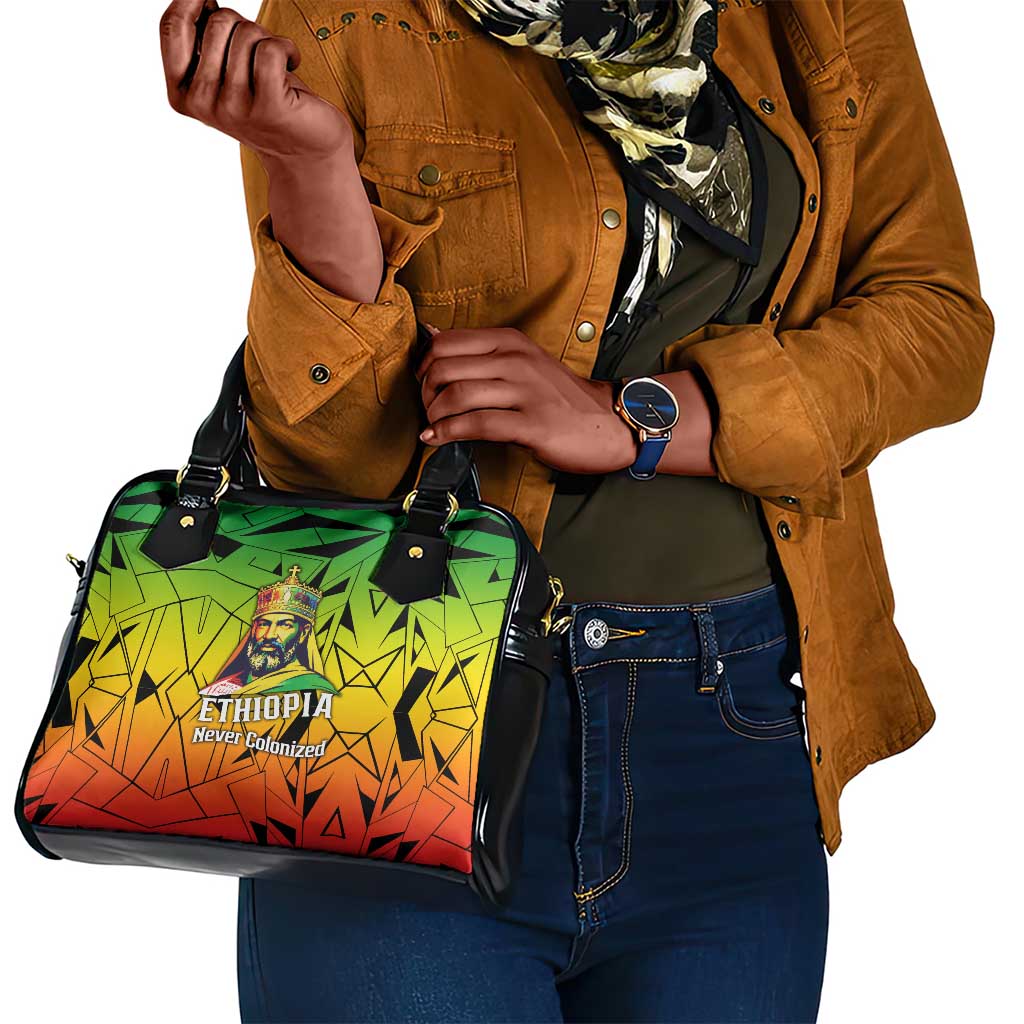 Menelik II Shoulder Handbag with Crowned Portrait, Ethiopia Never Colonized Text and Pan-African Abstract - Wonder Print Shop