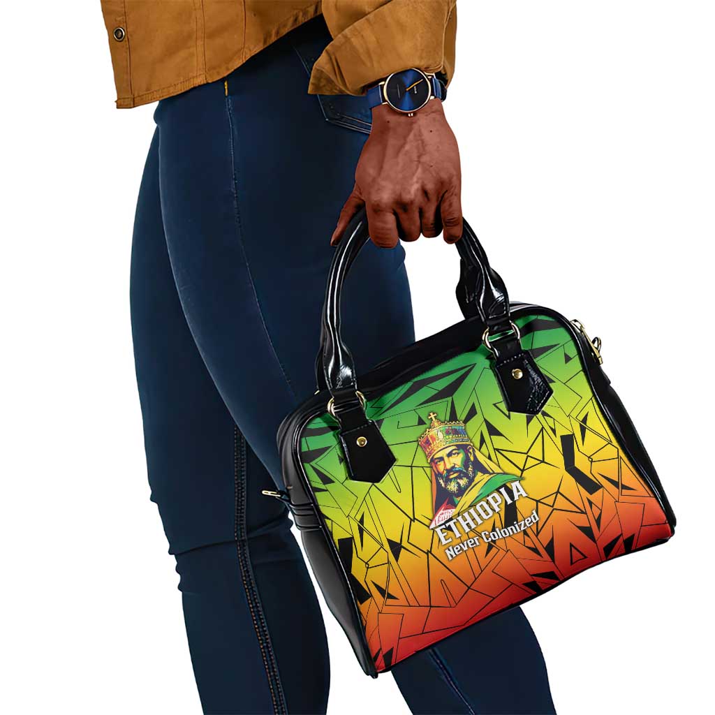 Menelik II Shoulder Handbag with Crowned Portrait, Ethiopia Never Colonized Text and Pan-African Abstract - Wonder Print Shop