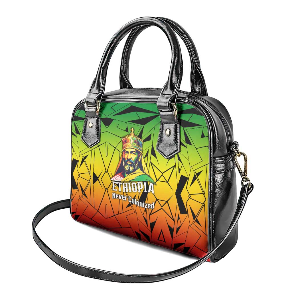 Menelik II Shoulder Handbag with Crowned Portrait, Ethiopia Never Colonized Text and Pan-African Abstract - Wonder Print Shop