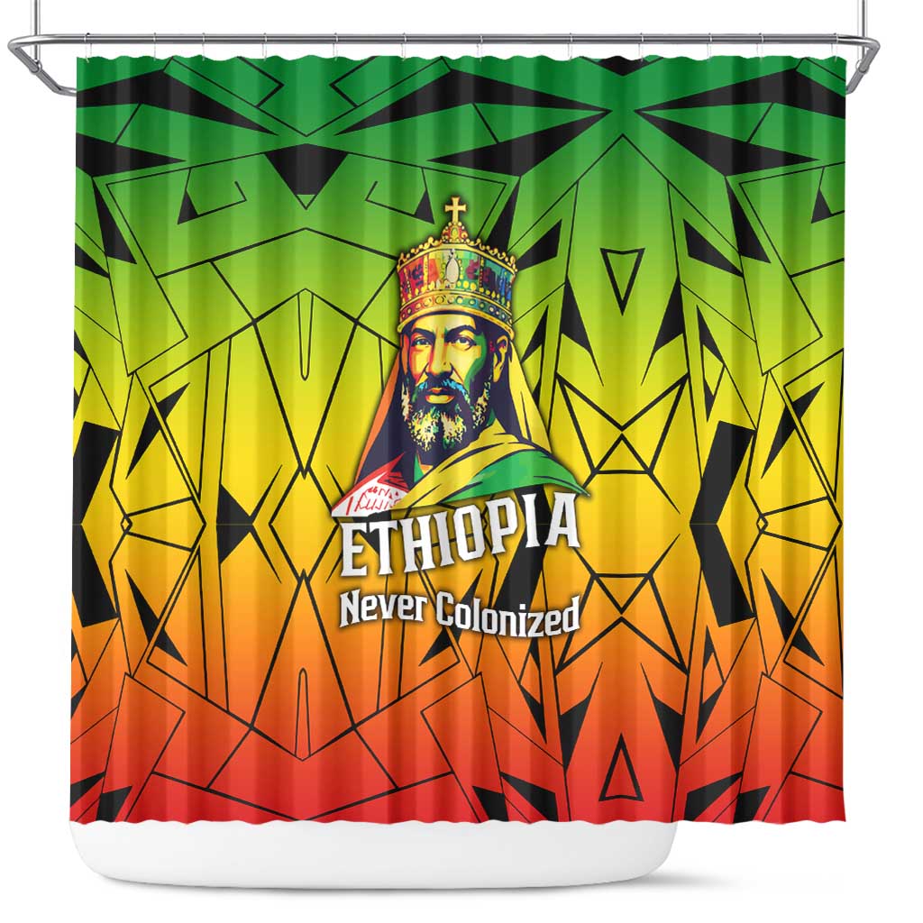 Menelik II Shower Curtain with Crowned Portrait, Ethiopia Never Colonized Text and Pan-African Abstract - Wonder Print Shop