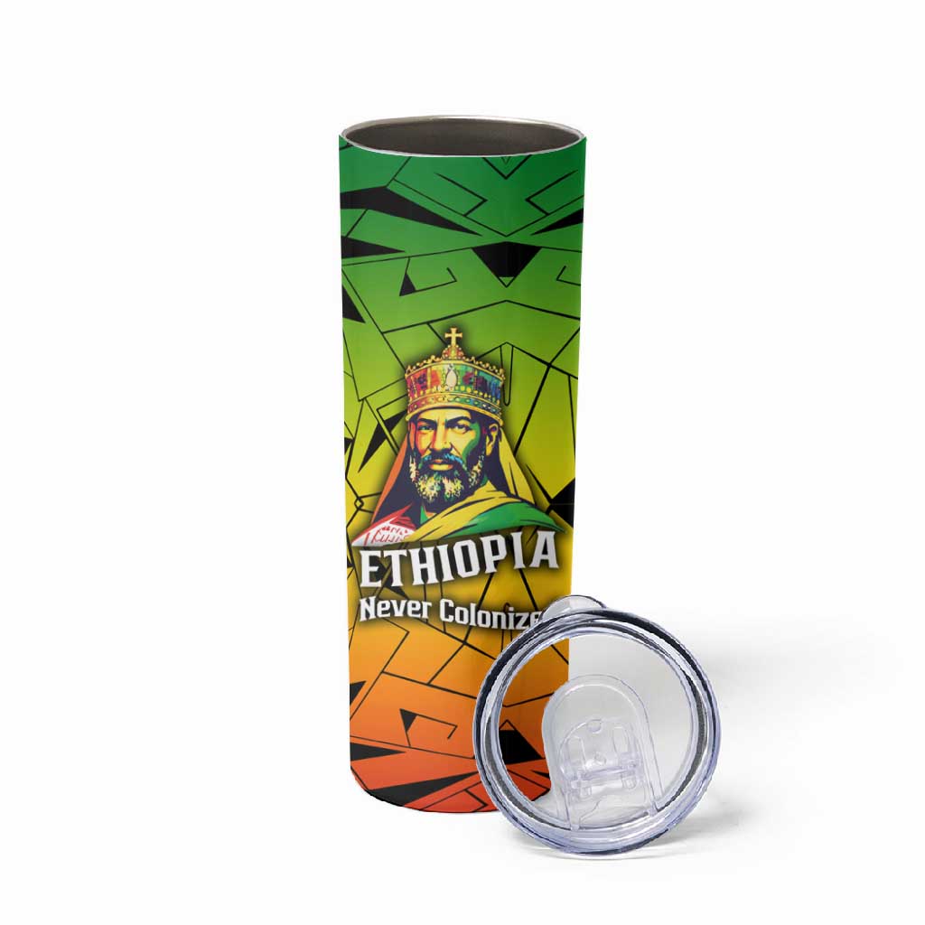 Menelik II Skinny Tumbler with Crowned Portrait, Ethiopia Never Colonized Text and Pan-African Abstract - Wonder Print Shop