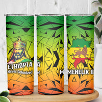 Menelik II Skinny Tumbler with Crowned Portrait, Ethiopia Never Colonized Text and Pan-African Abstract - Wonder Print Shop