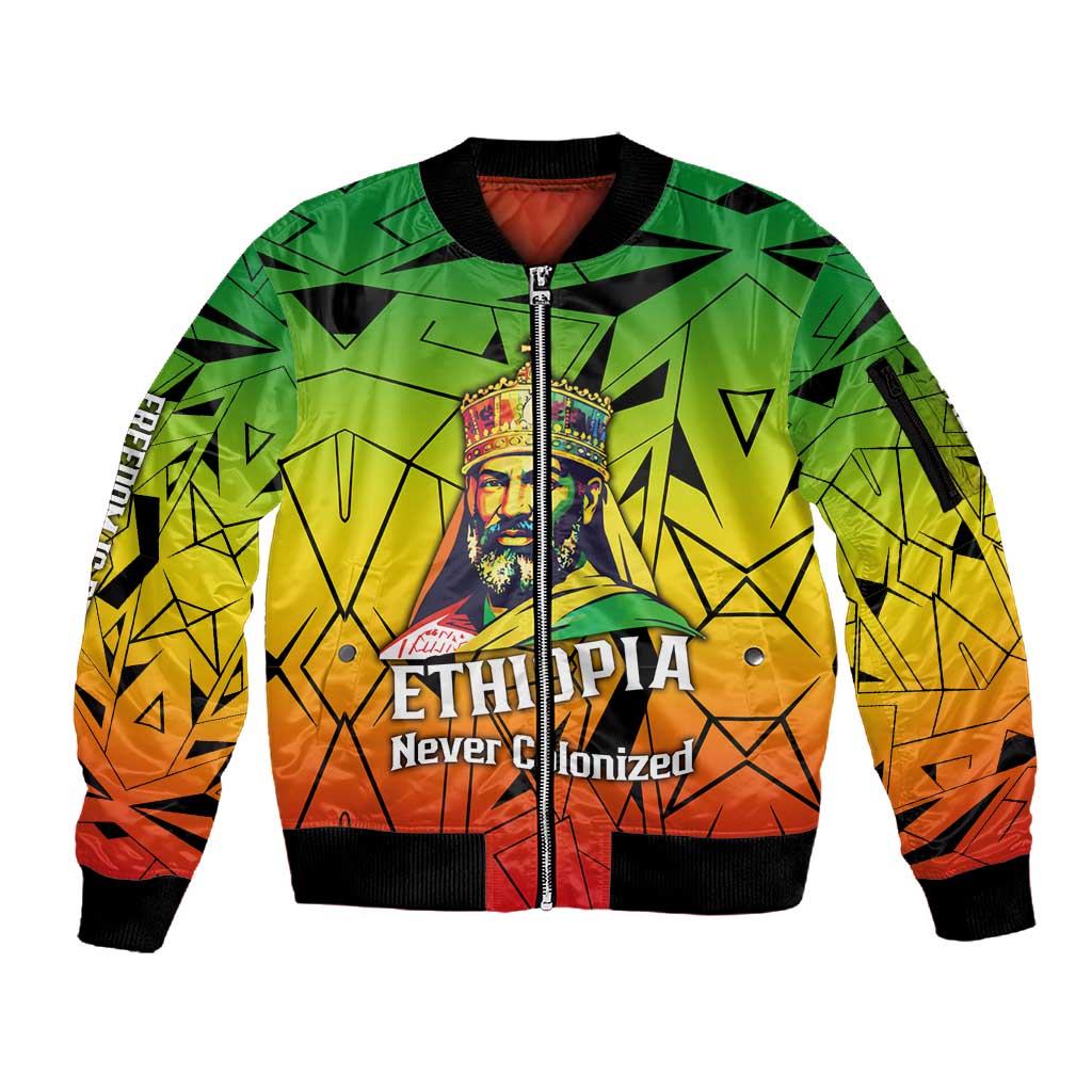Menelik II Sleeve Zip Bomber Jacket with Crowned Portrait, Ethiopia Never Colonized Text and Pan-African Abstract - Wonder Print Shop