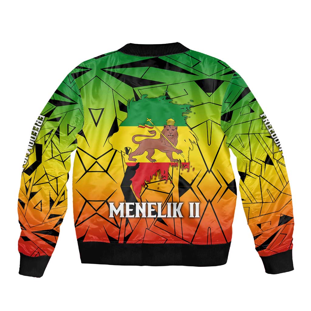 Menelik II Sleeve Zip Bomber Jacket with Crowned Portrait, Ethiopia Never Colonized Text and Pan-African Abstract - Wonder Print Shop