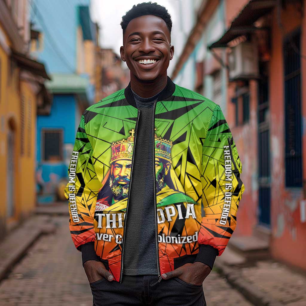 Menelik II Sleeve Zip Bomber Jacket with Crowned Portrait, Ethiopia Never Colonized Text and Pan-African Abstract - Wonder Print Shop