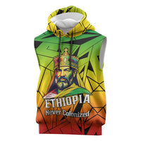 Menelik II Sleeveless Hoodie with Crowned Portrait, Ethiopia Never Colonized Text and Pan-African Abstract - Wonder Print Shop