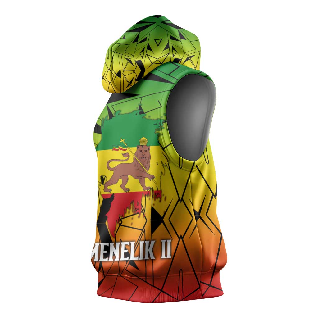 Menelik II Sleeveless Hoodie with Crowned Portrait, Ethiopia Never Colonized Text and Pan-African Abstract - Wonder Print Shop