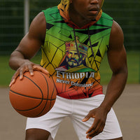 Menelik II Sleeveless Hoodie with Crowned Portrait, Ethiopia Never Colonized Text and Pan-African Abstract - Wonder Print Shop