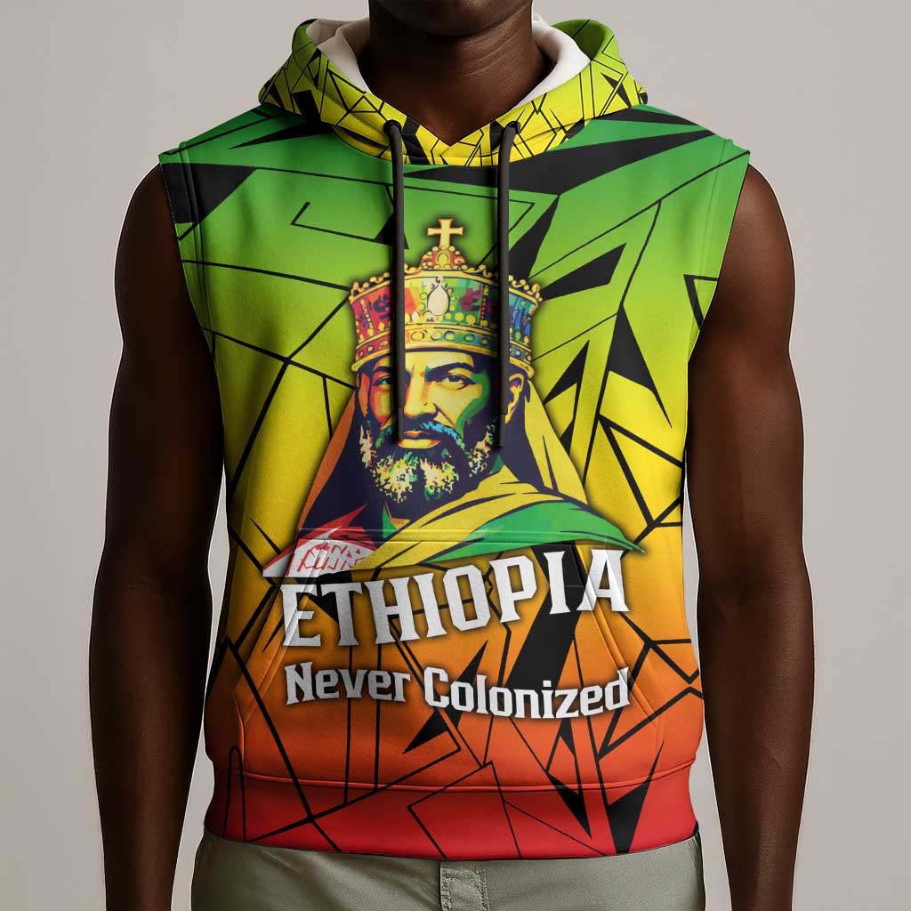 Menelik II Sleeveless Hoodie with Crowned Portrait, Ethiopia Never Colonized Text and Pan-African Abstract - Wonder Print Shop