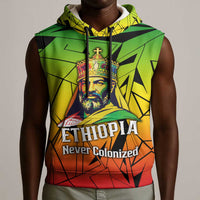 Menelik II Sleeveless Hoodie with Crowned Portrait, Ethiopia Never Colonized Text and Pan-African Abstract - Wonder Print Shop