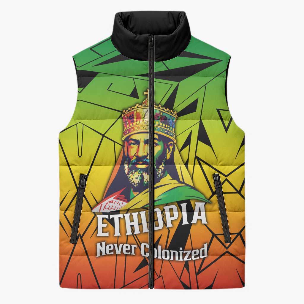 Menelik II Sleeveless Puffer Jacket with Crowned Portrait, Ethiopia Never Colonized Text and Pan-African Abstract - Wonder Print Shop