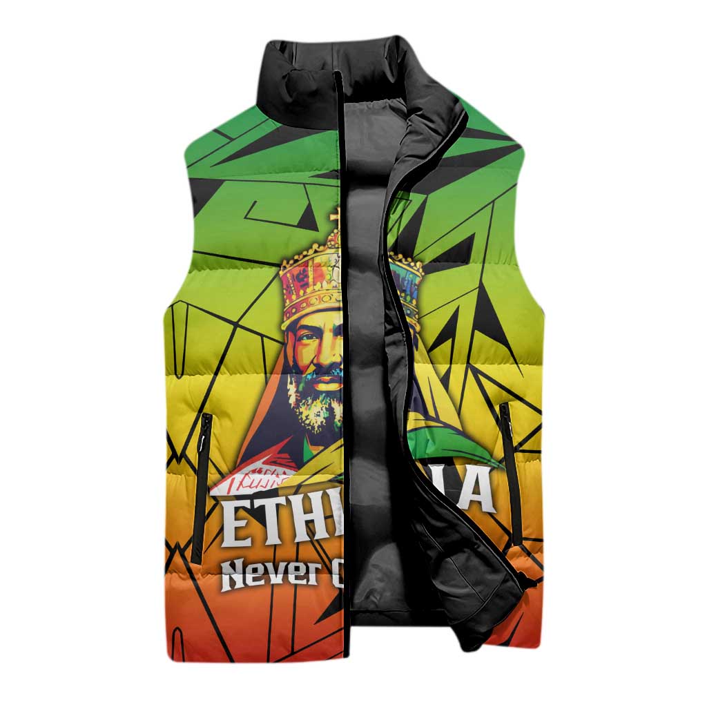 Menelik II Sleeveless Puffer Jacket with Crowned Portrait, Ethiopia Never Colonized Text and Pan-African Abstract - Wonder Print Shop
