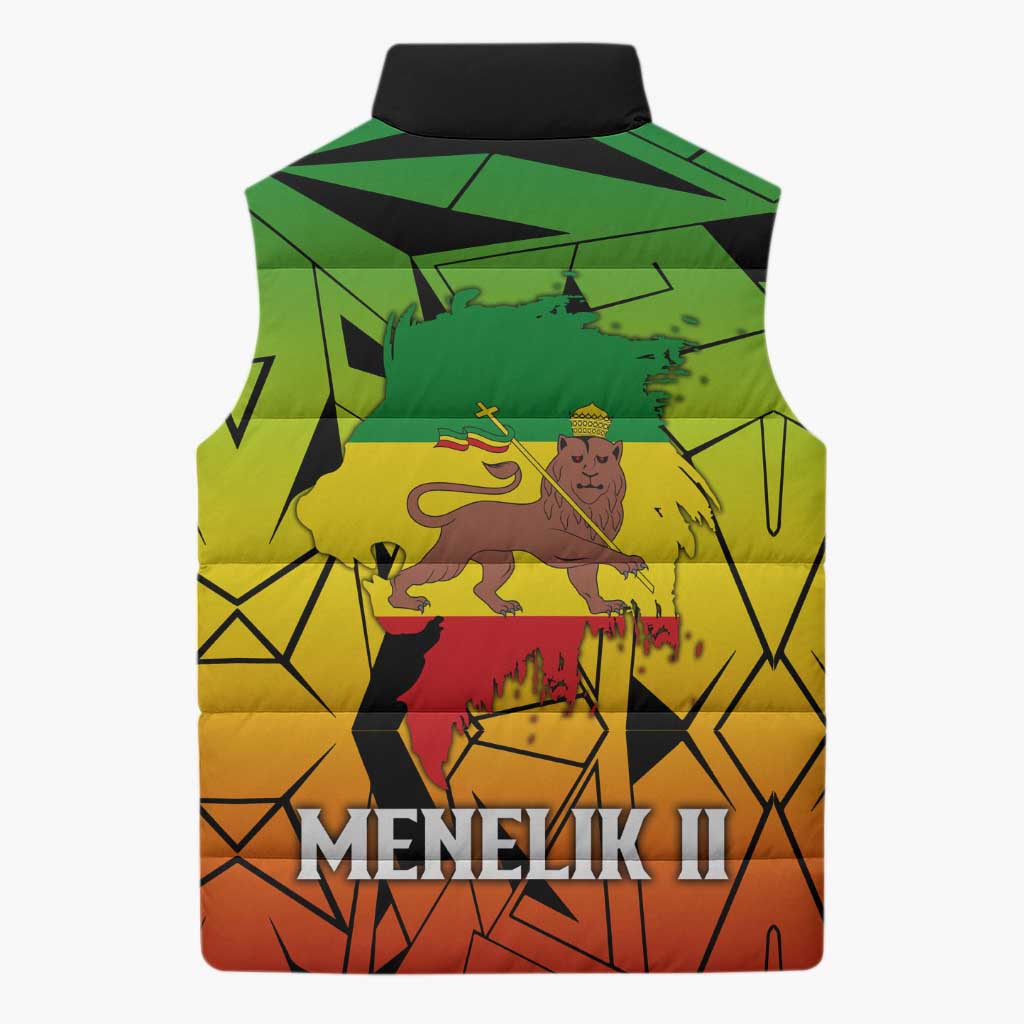 Menelik II Sleeveless Puffer Jacket with Crowned Portrait, Ethiopia Never Colonized Text and Pan-African Abstract - Wonder Print Shop