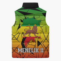 Menelik II Sleeveless Puffer Jacket with Crowned Portrait, Ethiopia Never Colonized Text and Pan-African Abstract - Wonder Print Shop