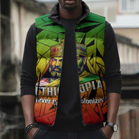 Menelik II Sleeveless Puffer Jacket with Crowned Portrait, Ethiopia Never Colonized Text and Pan-African Abstract - Wonder Print Shop