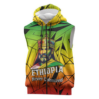 Menelik II Sleeveless Zip Hoodie with Crowned Portrait, Ethiopia Never Colonized Text and Pan-African Abstract - Wonder Print Shop