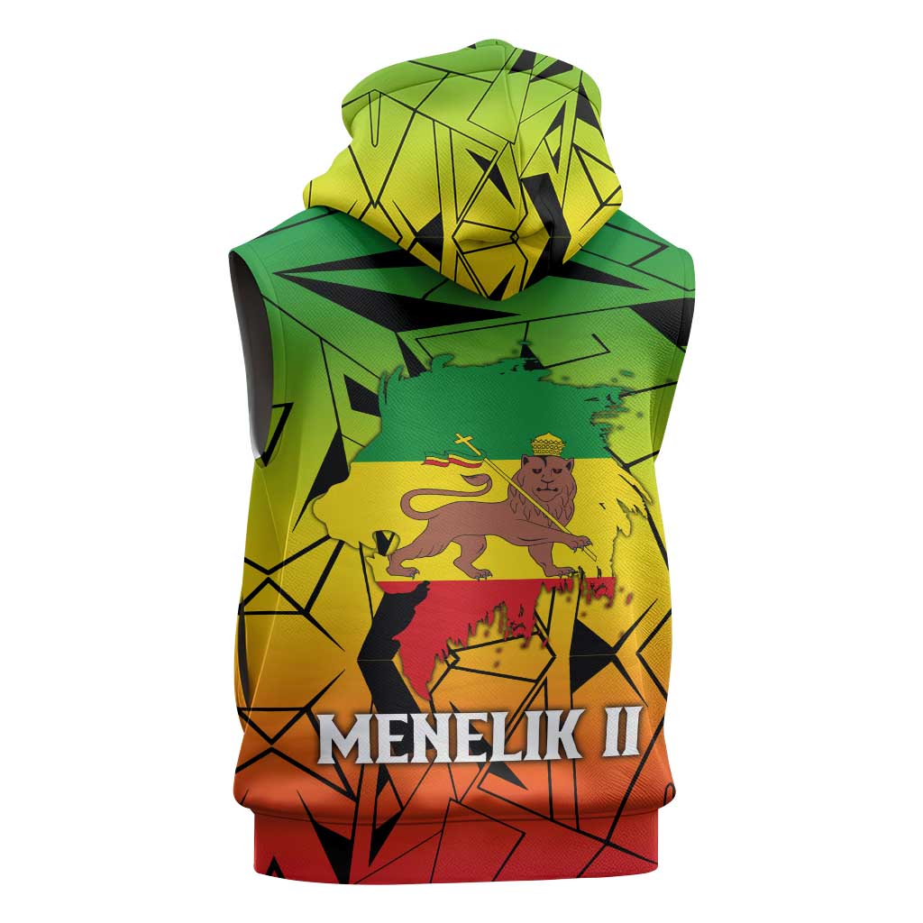 Menelik II Sleeveless Zip Hoodie with Crowned Portrait, Ethiopia Never Colonized Text and Pan-African Abstract - Wonder Print Shop