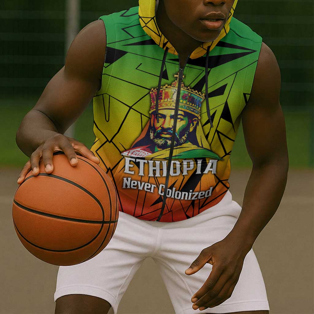 Menelik II Sleeveless Zip Hoodie with Crowned Portrait, Ethiopia Never Colonized Text and Pan-African Abstract - Wonder Print Shop