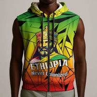 Menelik II Sleeveless Zip Hoodie with Crowned Portrait, Ethiopia Never Colonized Text and Pan-African Abstract - Wonder Print Shop