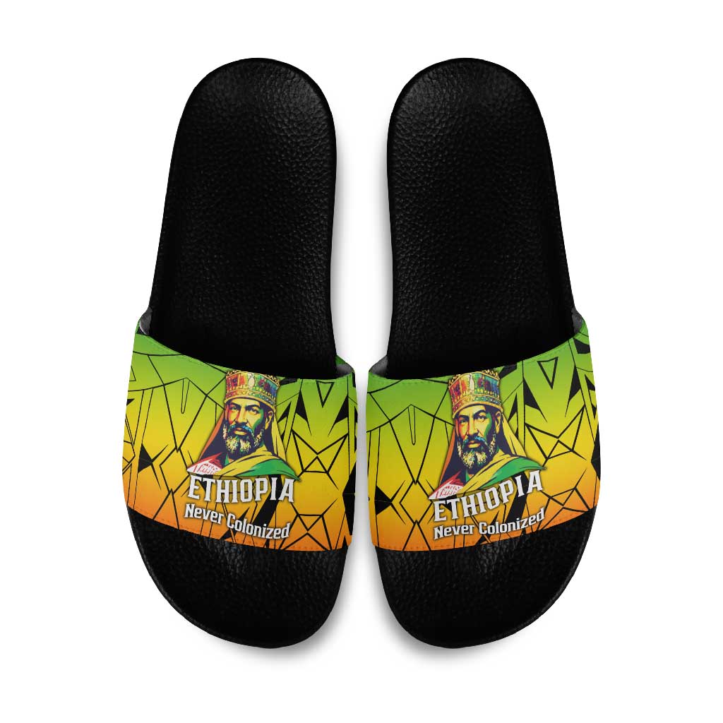 Menelik II Slide Sandals with Crowned Portrait, Ethiopia Never Colonized Text and Pan-African Abstract - Wonder Print Shop
