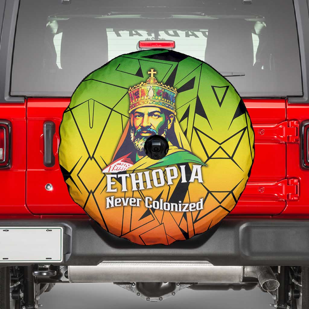Menelik II Spare Tire Cover with Crowned Portrait, Ethiopia Never Colonized Text and Pan-African Abstract - Wonder Print Shop