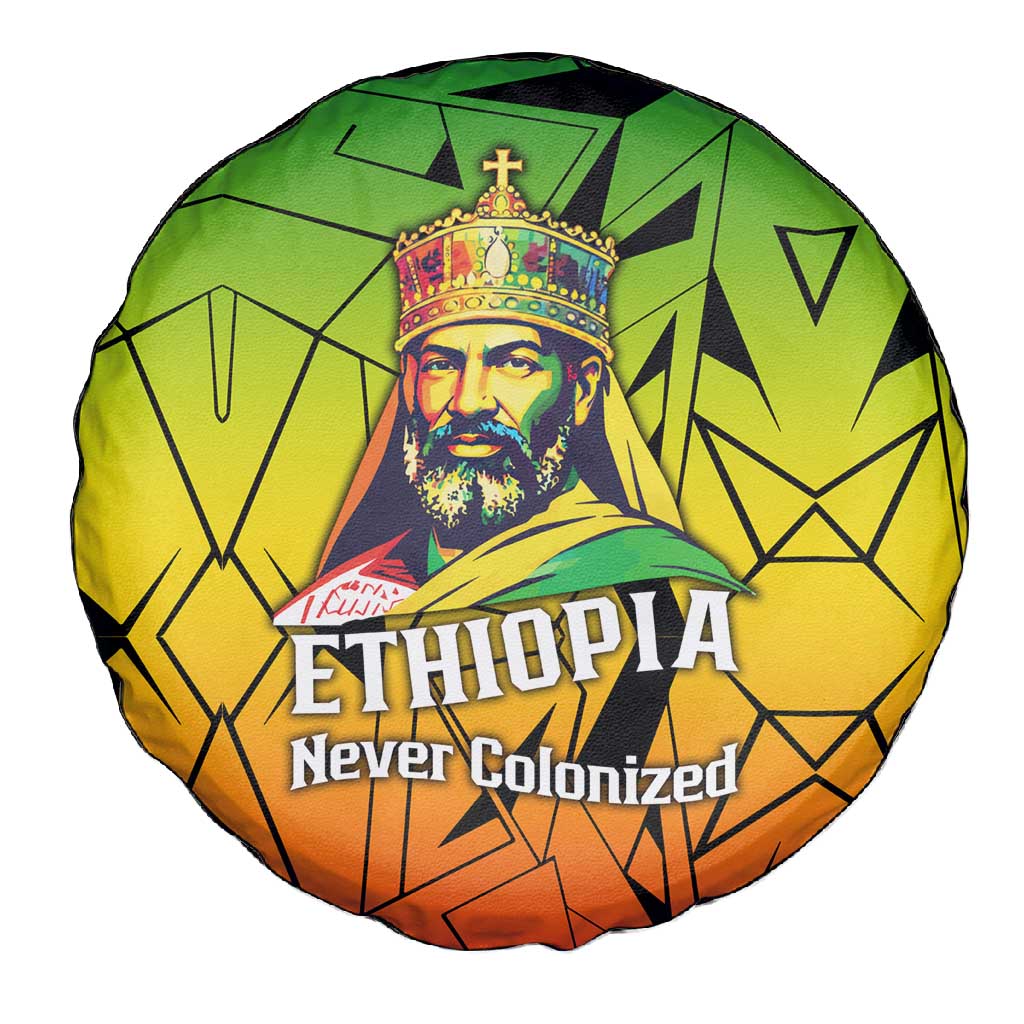 Menelik II Spare Tire Cover with Crowned Portrait, Ethiopia Never Colonized Text and Pan-African Abstract - Wonder Print Shop