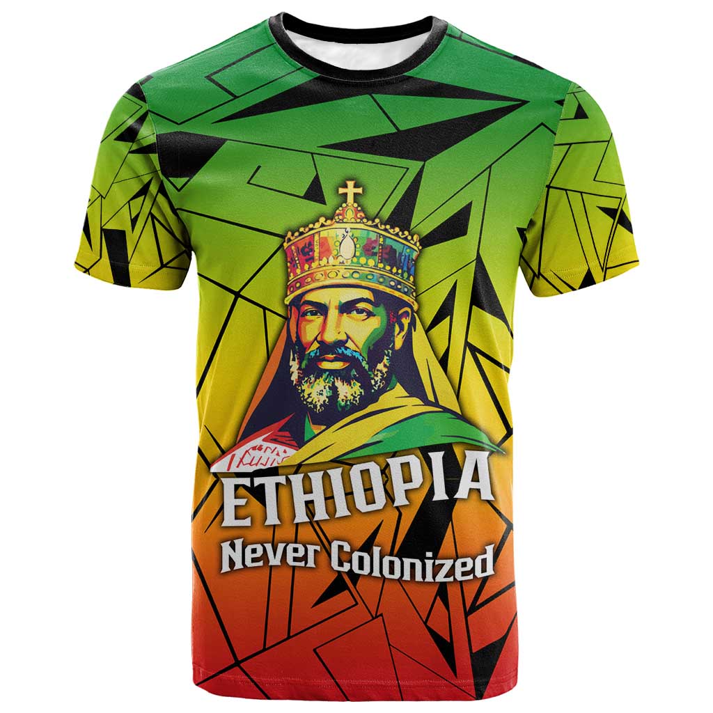 Menelik II T shirt with Crowned Portrait, Ethiopia Never Colonized Text and Pan-African Abstract - Wonder Print Shop