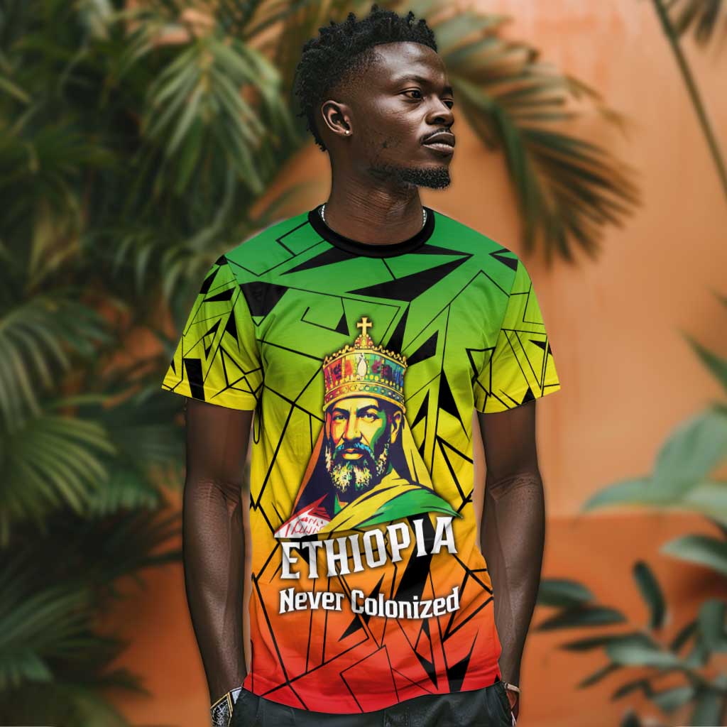 Menelik II T shirt with Crowned Portrait, Ethiopia Never Colonized Text and Pan-African Abstract - Wonder Print Shop