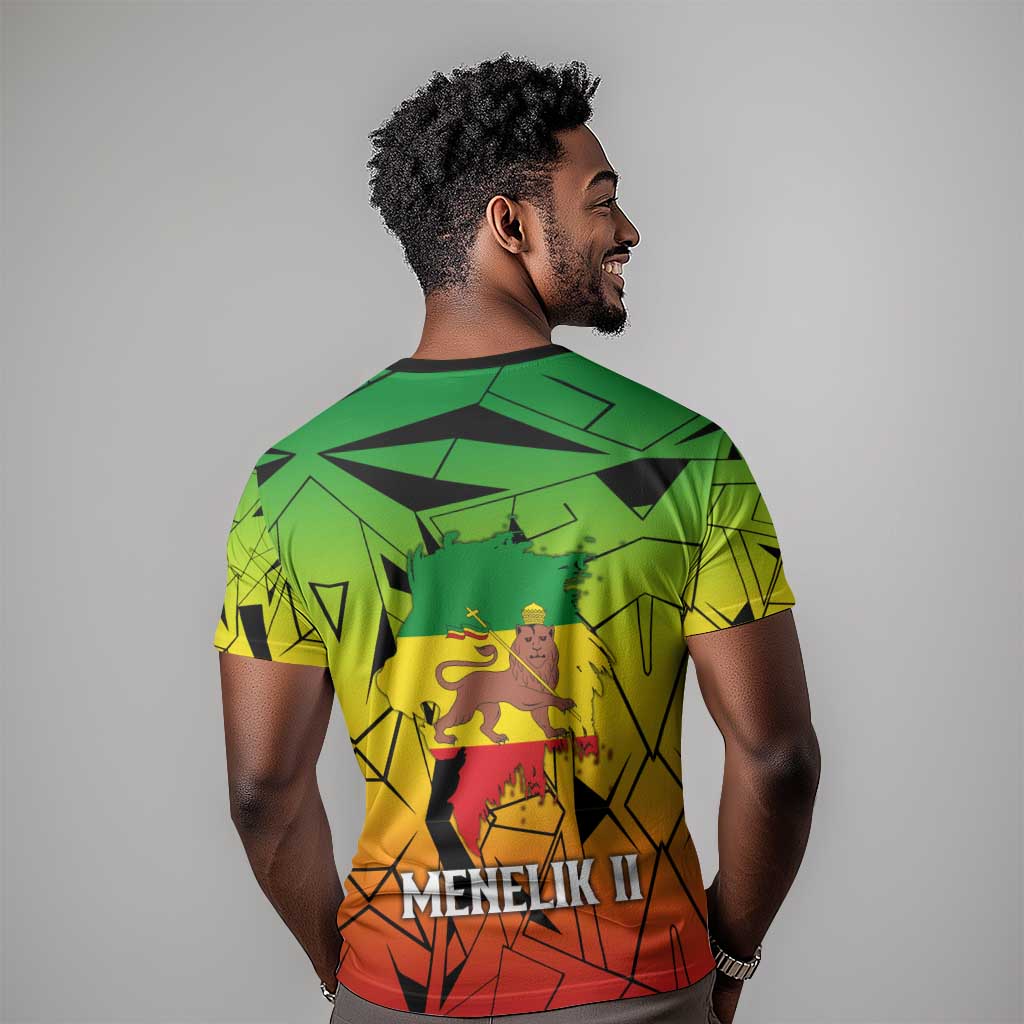 Menelik II T shirt with Crowned Portrait, Ethiopia Never Colonized Text and Pan-African Abstract - Wonder Print Shop
