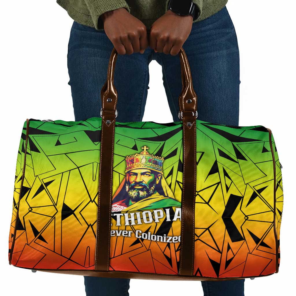 Menelik II Travel Bag with Crowned Portrait, Ethiopia Never Colonized Text and Pan-African Abstract - Wonder Print Shop