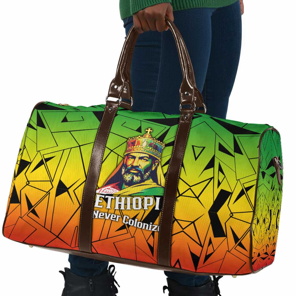 Menelik II Travel Bag with Crowned Portrait, Ethiopia Never Colonized Text and Pan-African Abstract - Wonder Print Shop