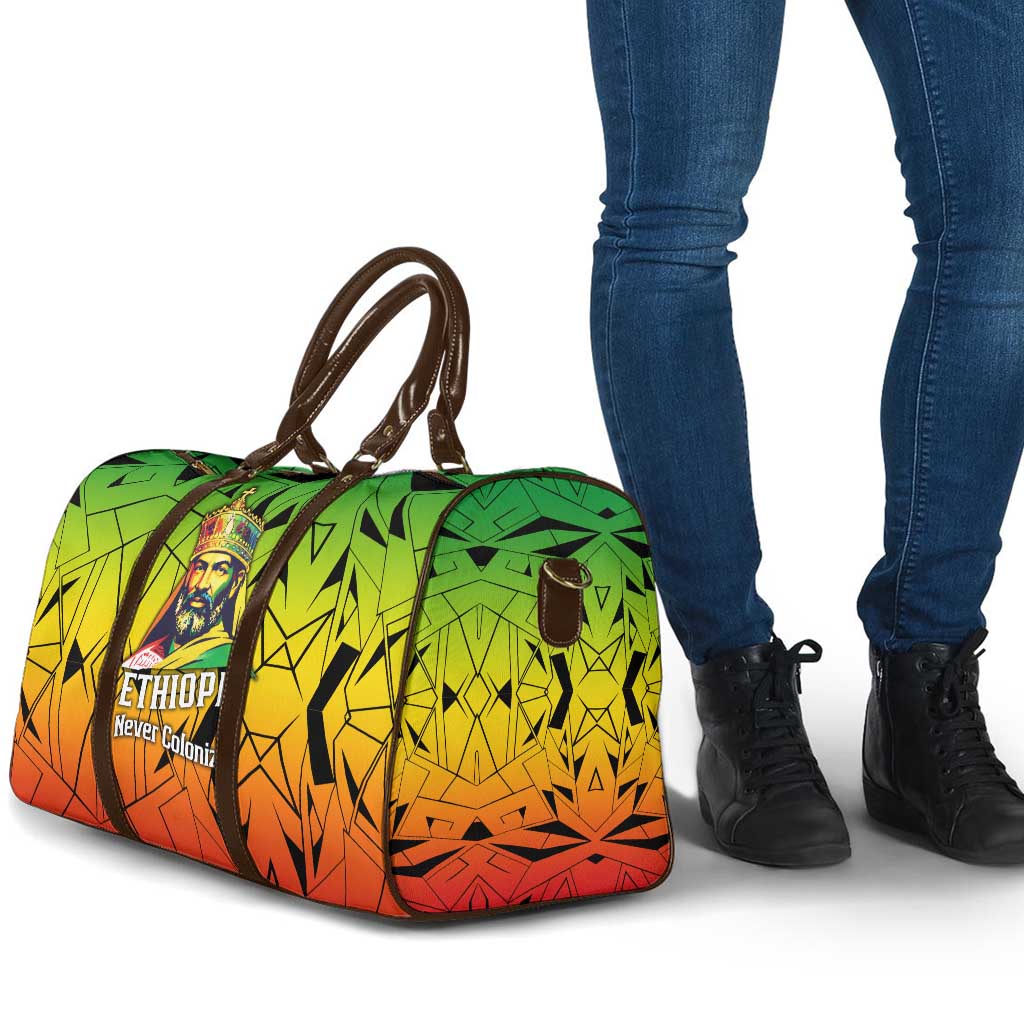 Menelik II Travel Bag with Crowned Portrait, Ethiopia Never Colonized Text and Pan-African Abstract - Wonder Print Shop